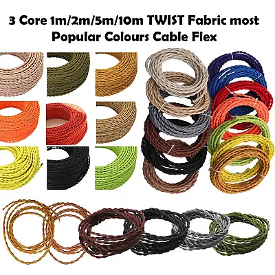 3 Core Twisted Vintage Style Coloured TWISTED Braided Fabric Cable Lamp Flex UK • £5.59