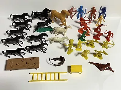 Vintage Indians Horses Cowboys Table Ladder Saddle Western Toy Figures Lot Of 34 • $2.25