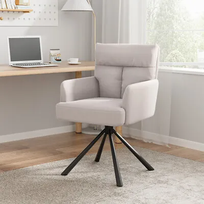 Upholstered Beige Velvet Armchair 180° Swivel Home Office Desk Chair Padded Seat • £89.95