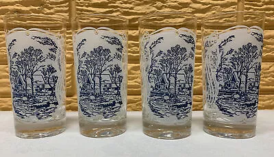 Currier Ives Glass Ice Tea Old Grist Mill Mill Barn Tumblers 5 1/2  Set 4 READ! • $24.95