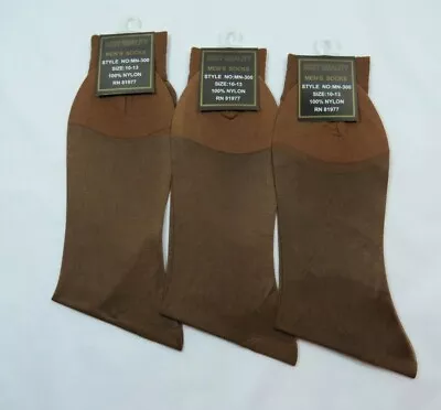 Mens SHEER Dress Socks 3PK 100% Nylon Mid Calf Brown Size 10-13 Thin • $23.52