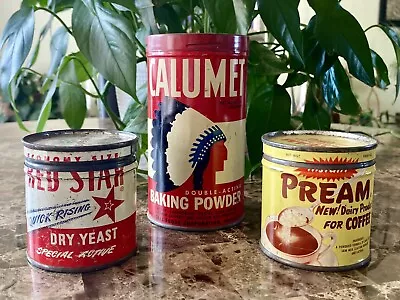 3 Vintage Tins RED STAR Yeast PREAM Coffee Creamer CALUMET Baking Powder Can Lot • $27.99