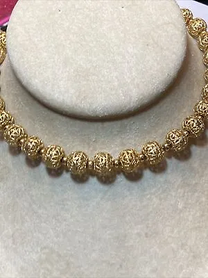 Vintage Monet Hang Tag Shiny Goldtone Filigree Beads Strung On Chain Necklace  • $25
