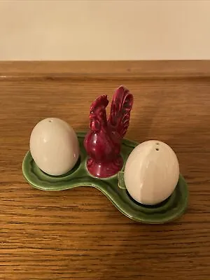 1950’s Arcadia Ceramics Egg Salt And Pepper Shakers Set With Rooster Tray • $34.95