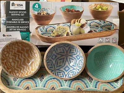 Mesa Inspired Living Mango Wood Printed Bowls & Tray NIB 4-Piece Serving Set • $25