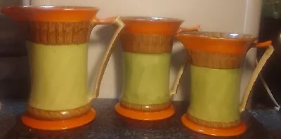  Art Deco Myott Jugs  X 3 Graduated Green Orange Brown Cream Hand Painted H8287 • £17.99