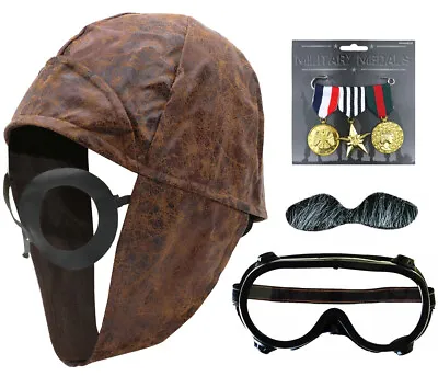 Aviator Costume Set Pilot Hat Medals Goggles Tash Wartime Fancy Dress • £5.99