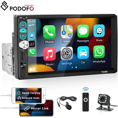 Single 1DIN 7  Car Stereo Radio Bluetooth USB Apple CarPlay/Android Auto +Camera • £39.99