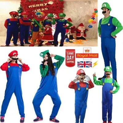 Men Adult Kids Super Mario Luigi Bros Cosplay Women Fancy Dress Carnival Costume • £12.59