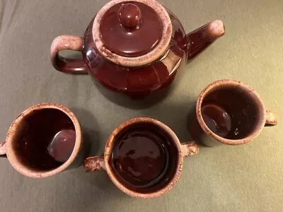 Vintage McCoy Brown Drip Glaze Teapot W/ Two Mugs And Sugar Or Chili Bowl EUC • $35