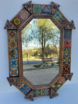 21  PUNCHED TIN MIRROR Octagonal Mixed Talavera Tile Mexican Folk Art Mirrors • $99