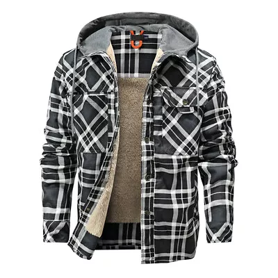 Men Warm Jacket Fleece Lining Lumberjack Plaid Hooded Jackets Snap Button • $43