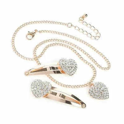 £2.25 • Buy ROSE GOLD Col Crystal HEART Chain Necklace & Crystal Heart 2 X HAIR CLIP Set.
