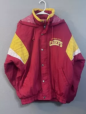 Vintage KC Chiefs Starter Coat 90s M Kcmo NFL Logo Graphic Front And Back • $120