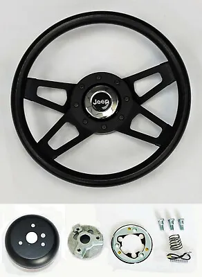 13 1/2 Black On Black 4 Spoke Steering Wheel For 76-95 Jeep CJ5 CJ7 YJ Wrangler • $148.49