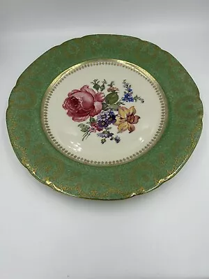 Victoria Czechoslovakia 10.75” Dinner Plate Pink Floral Green Rim Gold Trim • $14.95