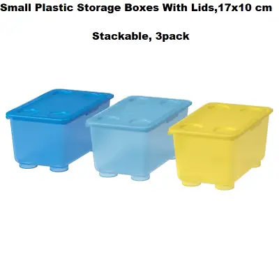 Small Plastic Storage Boxes With Lids Home Office Stackable Strong 3pcs Toys Box • £10.91