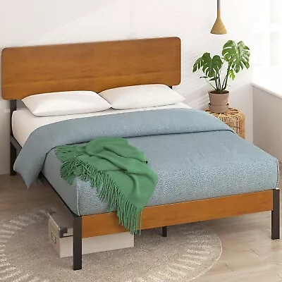 King Platform Bed W Bamboo Wood Headboard Modern Minimalist Scandinavian Vibe • $349.95