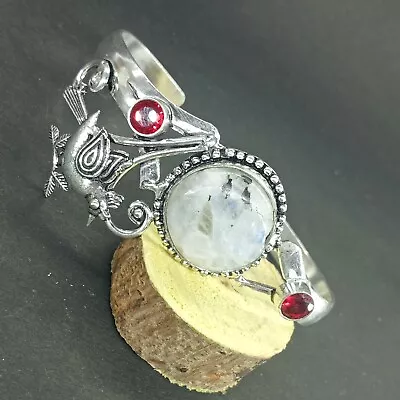 925 Sterling Silver Natural Moonstone & Garnet Gemstone Jewelry Cuff Bracelet • $17.59