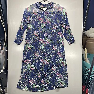 C. Wonder Size 16 Womens Duster Top Blue Floral Button Up Sheer Long Sleeve • $10