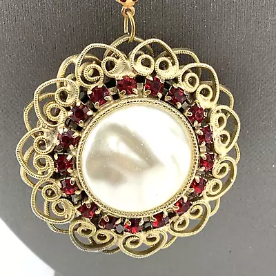 Statement Necklace Medallion Faux Baroque Pearl Red Glass Gold Tone 26  Vtg • $9.99