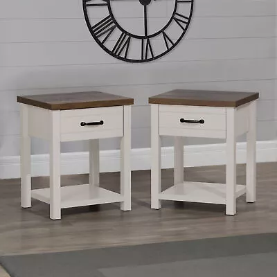 Farmhouse Oak Top 1 Drawer Nightstand Set Of 2 Ivory • $117.60