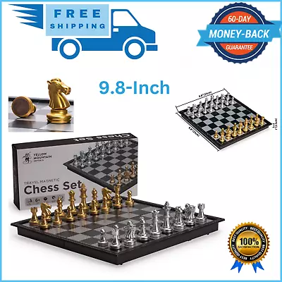 Magnetic Travel Chess Set Portable Metallic Silver Gold Board Case US • $18.79