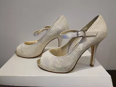 Rainbow Club Nina Ivory Lace & Diamanté Open Toe Wedding Shoes / Heels VGC Boxed • £10