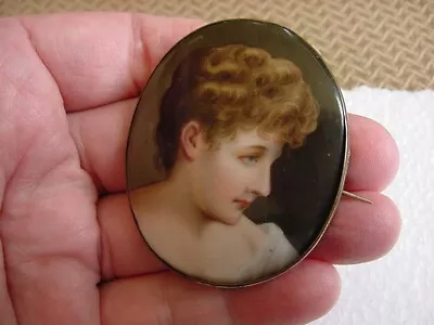 Vintage Fanny Davenport Hand Painted Portrait Porcelain Brooch Plaque C1888 RARE • $129