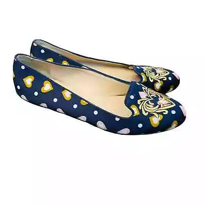 J. Crew Heart Slip On Smoking Flat Loafer Sz 9 Navy Gold Embroidered Toe Caps • $50