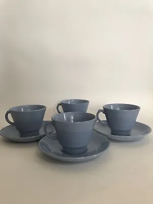 £26 • Buy 4x Vintage Woods Iris Tea Cups And Saucers Blue Art Deco 1940s Set