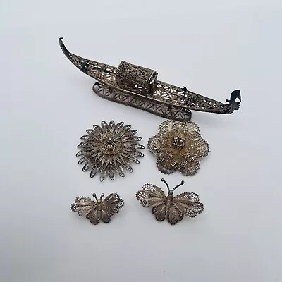 Vintage 800 Silver Filigree Miniature Gondola Boat Butterflies Flower Brooches • £35