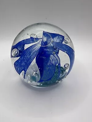 Vintage Art Glass Paperweight Blue Flower Controlled Bubbles Bullicante • $24