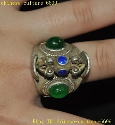 Tibetan Silver Inlay Green Gem Vajra Dorje Phurpa Exorcism Talisman Jewelry Ring • $39