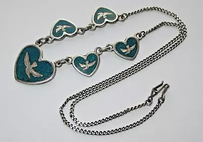Vintage Sterling Silver Turquoise Enamel Inlay Bird Heart Necklace Mexico Signed • $159
