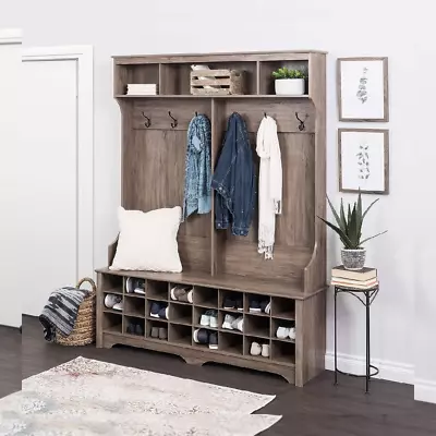 Prepac 24 Shoe Cubby Wide Hall Tree With Bench & Coat Hooks 60  Drifted Gray  • $418.29