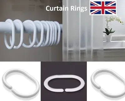 WHITE Shower Curtain RINGS Plastic Hook Set Rings C Shape Good Quality Durable • £9.99