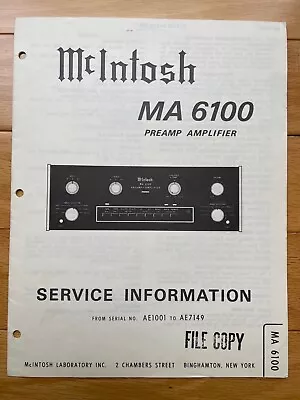 McIntosh MA 6100 Original Service Information Manual • $28