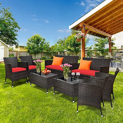 8PCS Patio Rattan Conversation Furniture Set Outdoor W/ Red Cushion • $372