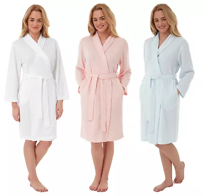 Ladies Womens Shawl Collar Waffle Robe Dressing Gown - WHITE - PINK - BLUE • £24.99