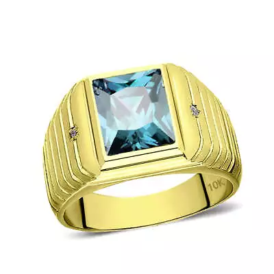 Solid 10K Gold Blue Topaz Mens Ring 0.04ct Natural Diamonds Fine Ring For Man • $649