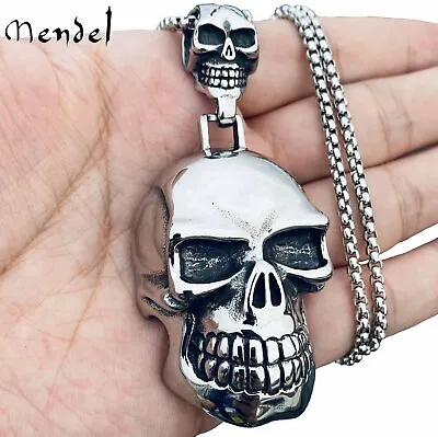 MENDEL Mens Stainless Steel Halloween Large Punk Biker Skull Pendant Necklace • $13.99