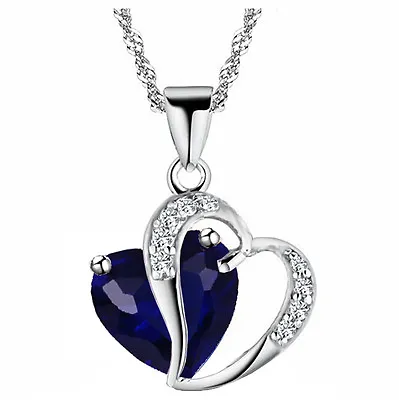 £4.79 • Buy Hearts Pendant Crystal Necklace Sapphire Dark Blue Stone Silver Tone Chain  N342