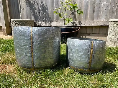 Set Or 1 Galvanised Zinc Gold Stripe Metal Pots Planters |Hanging Garden Troughs • £34.99