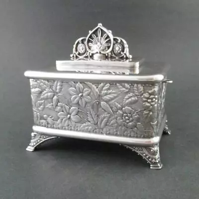 MERIDEN B. #85 - Antique Quad Silver JEWELRY BOX - Footed Embossed  C.1880's • $349