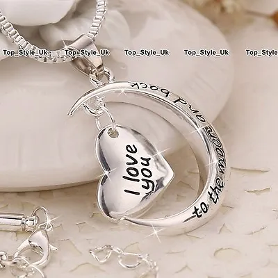 Silver I Love You To The Moon And Back Heart Necklace Present Gift For Her Women • £8.95