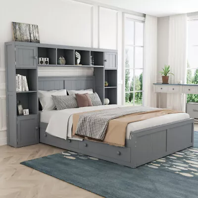 Solid Wood Platform Bed Frames W/ Storage Drawers Bookshelves Bedroom Furniture • $659.99