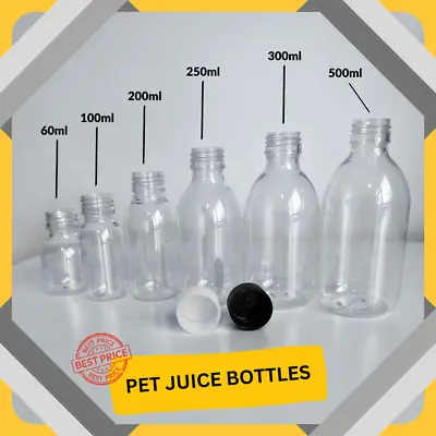 60ml 100ml 200ml 250ml 300ml 500ml PET Empty Juice Bottles Smoothie Clear Caps • £4.99