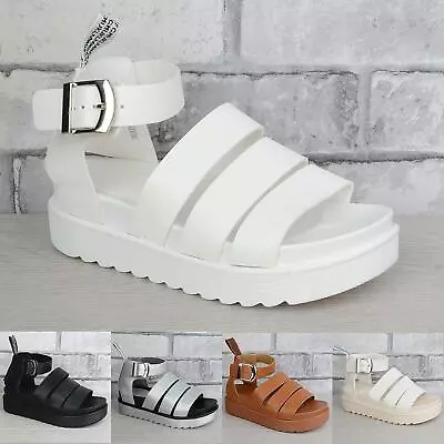 Womens Ladies Comfy Low Platform Ankle Strap Gladiator Chunky Sole Sandals Size • £17.99