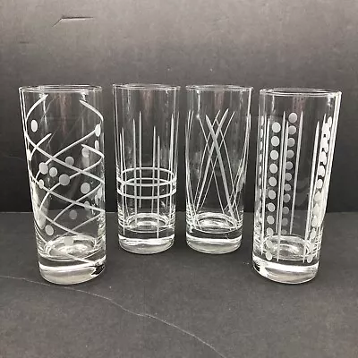 4 ITALY Mid Century Modern Clear Etched Tom Collins 12 Oz. Glasses 7” • $29.99
